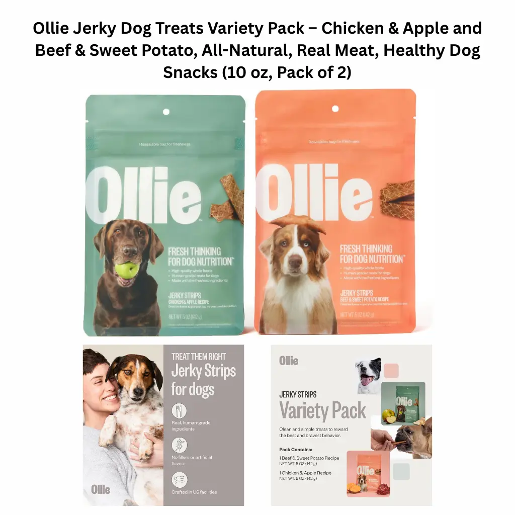 Ollie Jerky Dog Treats Variety Pack featuring Chicken & Apple and Beef & Sweet Potato recipes in resealable 5 oz pouches, highlighting human-grade, all-natural, meat-first ingredients.