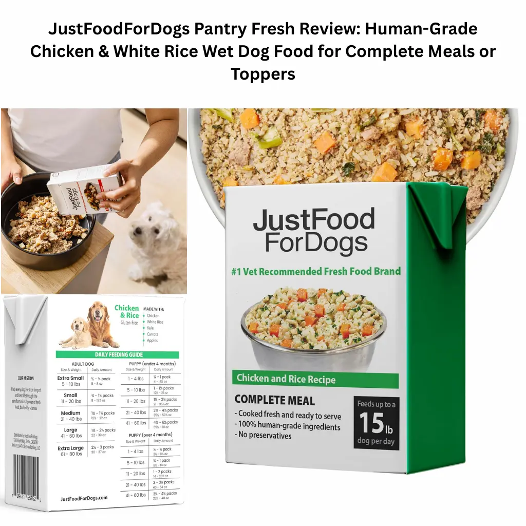 JustFoodForDogs Pantry Fresh human-grade wet dog food in Chicken & Rice recipe, featuring a shelf-stable carton, a daily feeding guide, and a bowl of fresh whole-food ingredients including chicken, white rice, kale, and carrots.