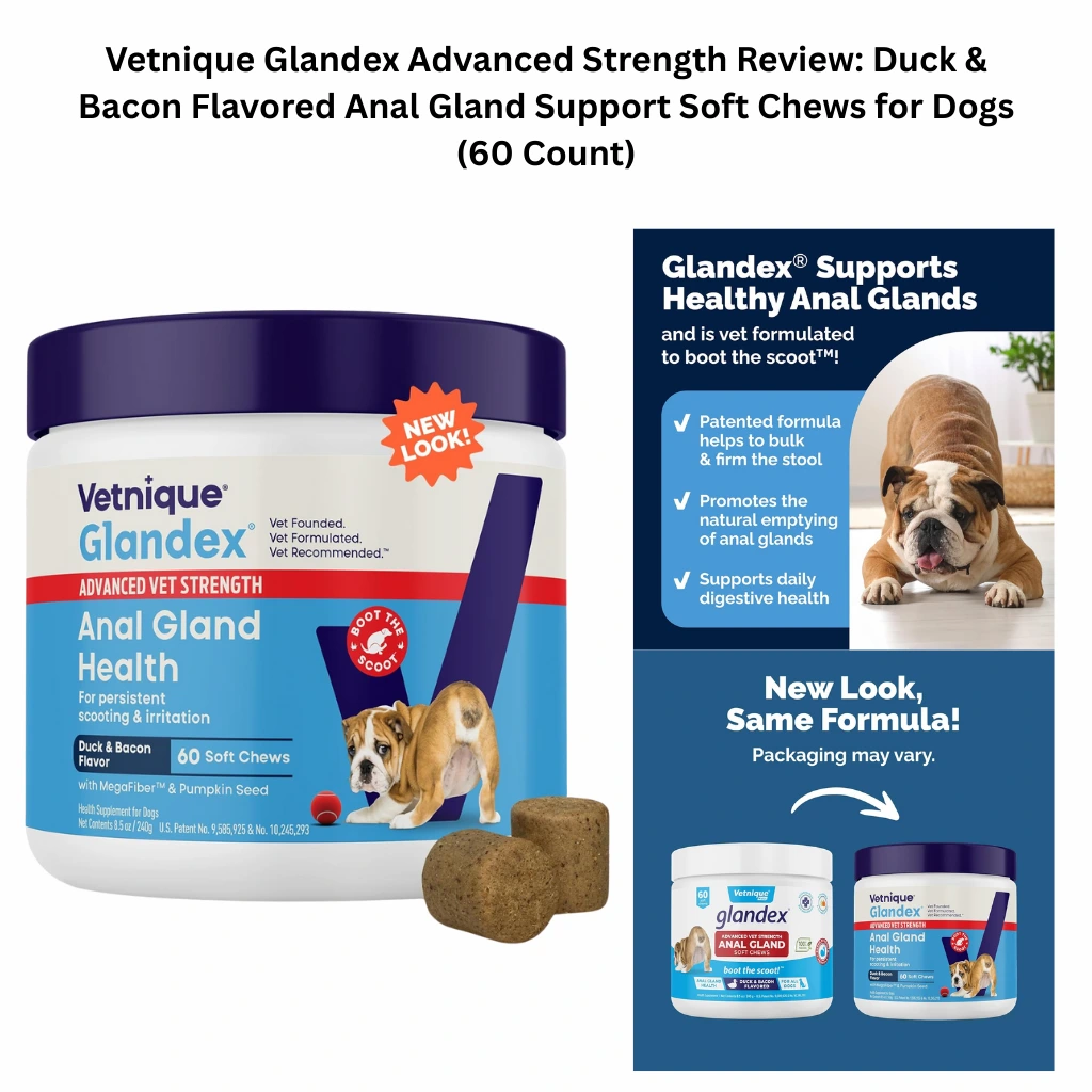 Vetnique Glandex Advanced Strength anal gland health supplement for dogs, featuring 60 duck and bacon flavored soft chews with MegaFiber and pumpkin seed to support digestion and stop scooting.