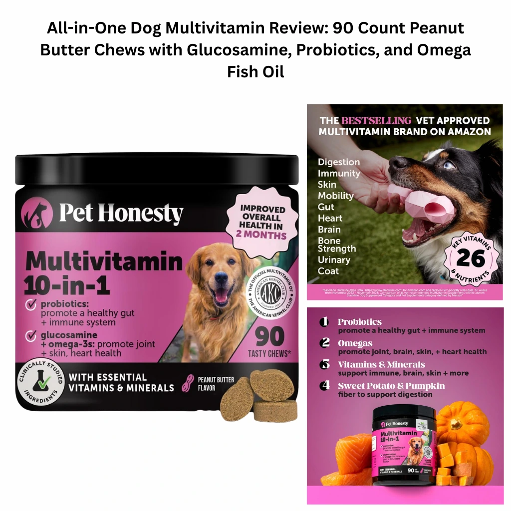Pet Honesty 10-in-1 Multivitamin for dogs in peanut butter flavor, featuring a 90-count jar of soft chews with probiotics, glucosamine, and omega-3s to support joint health, immunity, and skin and coat.