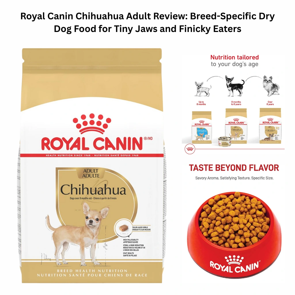 A 2.5 lb bag of Royal Canin Chihuahua Adult breed-specific dry dog food, featuring miniature kibble designed for tiny jaws, digestive health support to reduce stool odor, and nutritional support for healthy skin and coat.