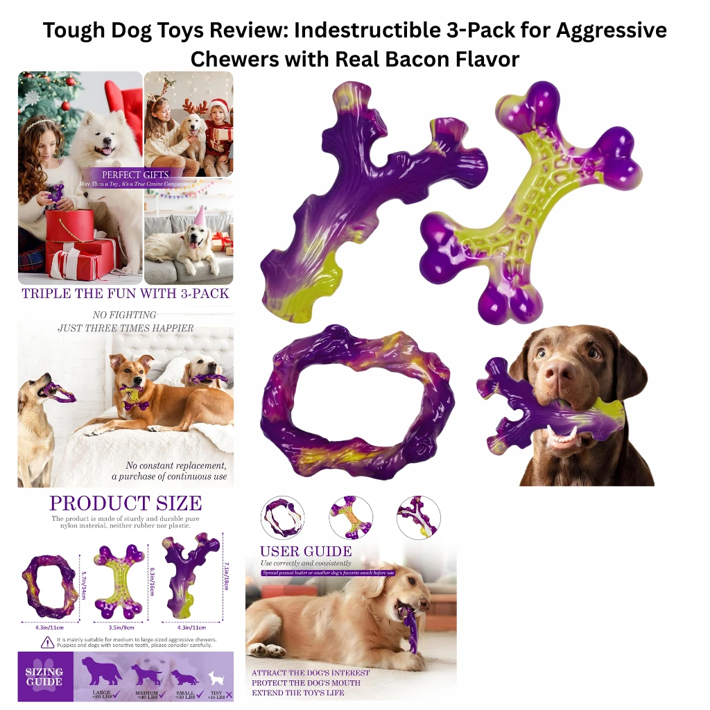 A 3-pack of purple and yellow Frienhund bone-shaped dog toys for aggressive chewers, showcasing three different shapes, a sizing guide for breeds up to 80 lbs, and a user guide recommending peanut butter for increased engagement.