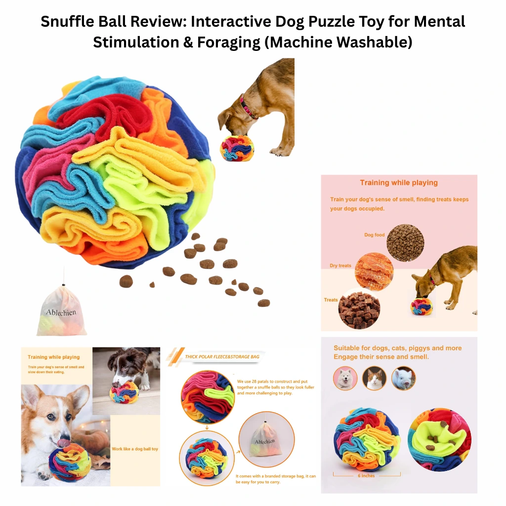 A vibrant, multi-colored fleece snuffle ball for pets, featuring 28 thick petals for hiding dry food and treats, shown with its Ablechien branded storage bag and diagrams highlighting its 6-inch size and machine-washable material for dogs, cats, and pigs.