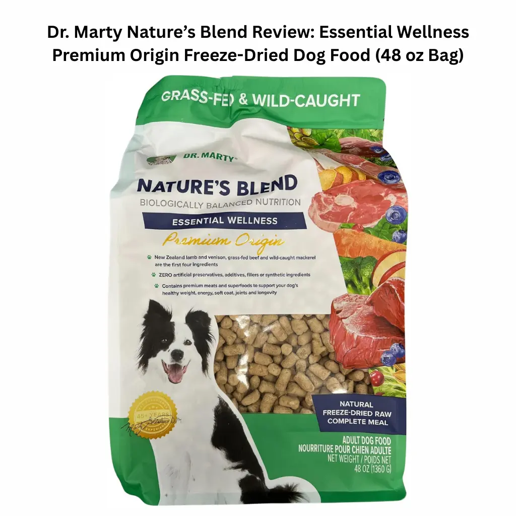 A 48 oz bag of Dr. Marty Nature’s Blend Essential Wellness Premium Origin freeze-dried raw dog food, featuring grass-fed and wild-caught ingredients like New Zealand lamb and venison to support overall vitality.