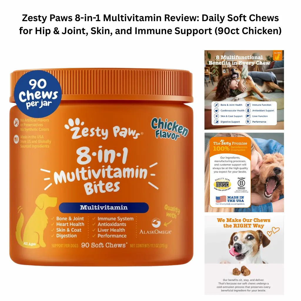 A product infographic for Zesty Paws 8-in-1 Multivitamin Bites (90ct Chicken Flavor), highlighting eight functional benefits including bone and joint, immune, and skin and coat support, alongside a "Made in the USA" guarantee and NASC quality seal.
