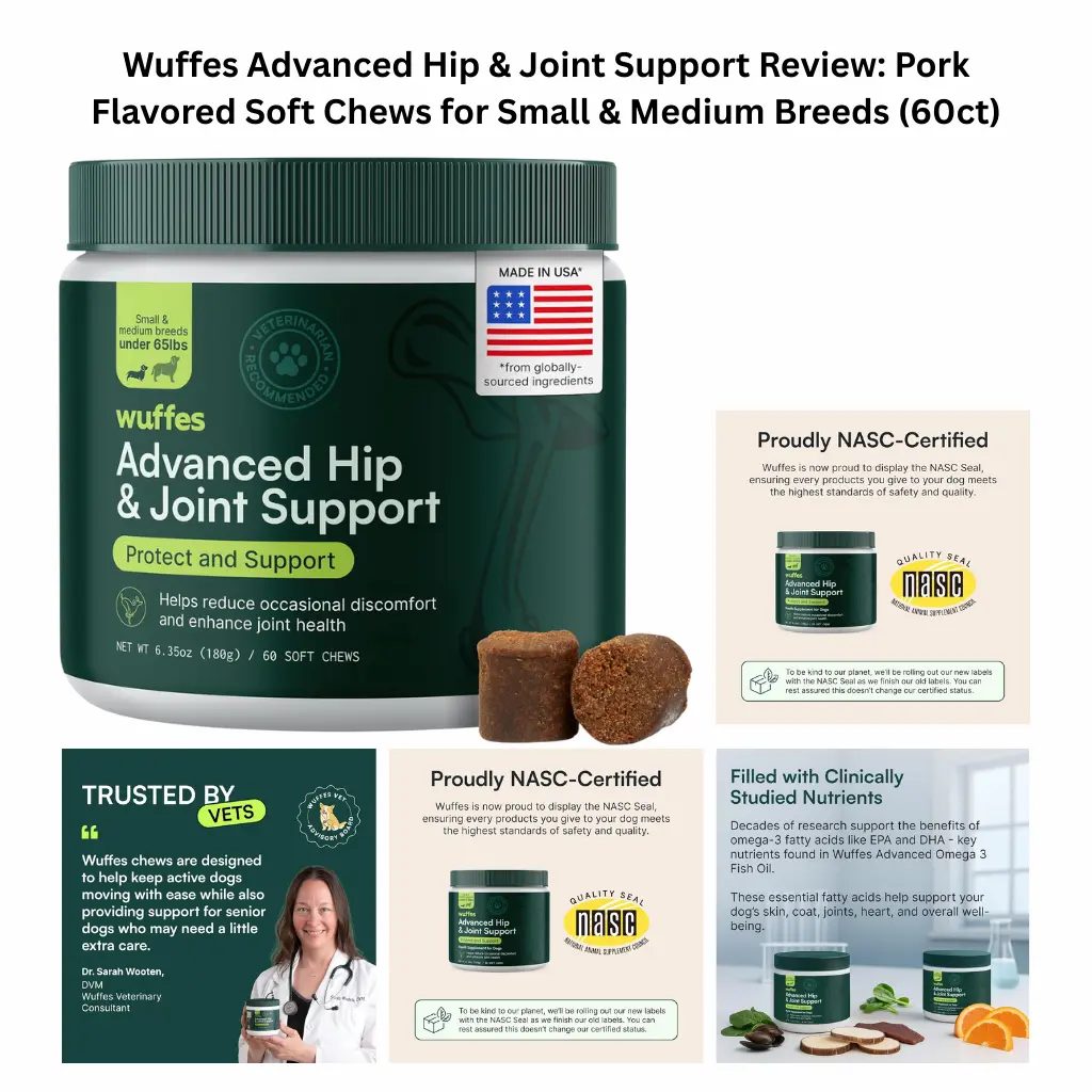 A product infographic for Wuffes Advanced Hip & Joint Support featuring 60 pork-flavored soft chews, highlighting its NASC certification, vet-trusted status, and inclusion of clinically studied nutrients like Omega-3 fatty acids.