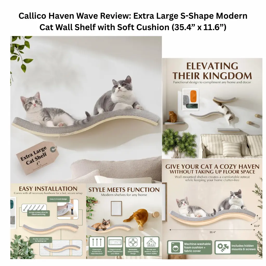 A product infographic for the Callico Haven Wave, an extra-large 35.4-inch S-shaped modern cat wall shelf featuring a machine-washable soft foam cushion, hidden mounts, and a sleek design for vertical lounging.