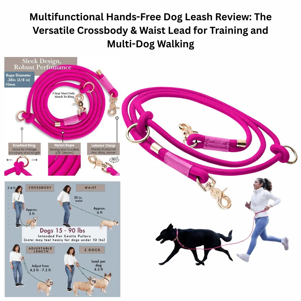 Vibrant pink 10mm nylon rope dog leash with gold rustproof hardware, demonstrating 6-in-1 versatility including crossbody, waist-worn, and dual-dog walking modes for dogs 15 to 90 lbs.