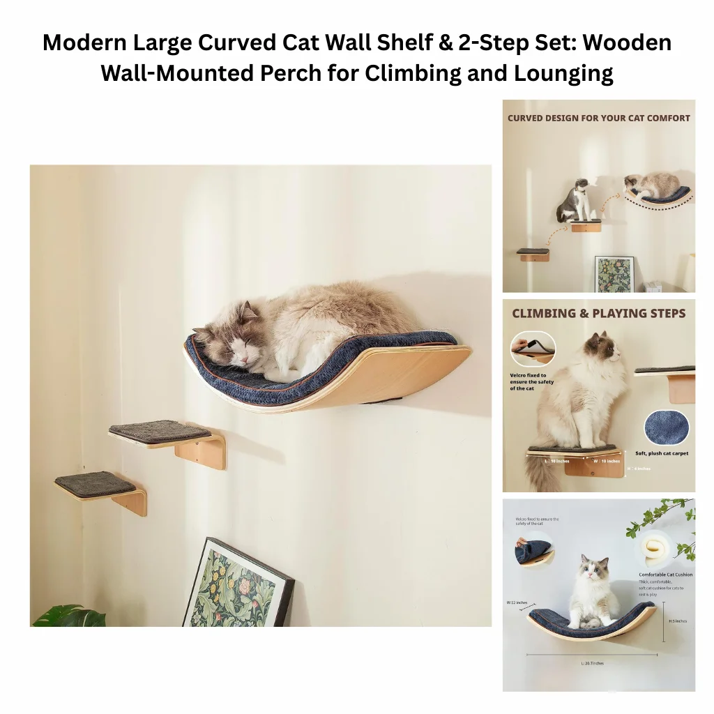 A product display for a 3-piece wooden cat wall set featuring a large S-shape curved lounging perch with a soft plush carpet and two auxiliary climbing steps with Velcro-fixed covers.
