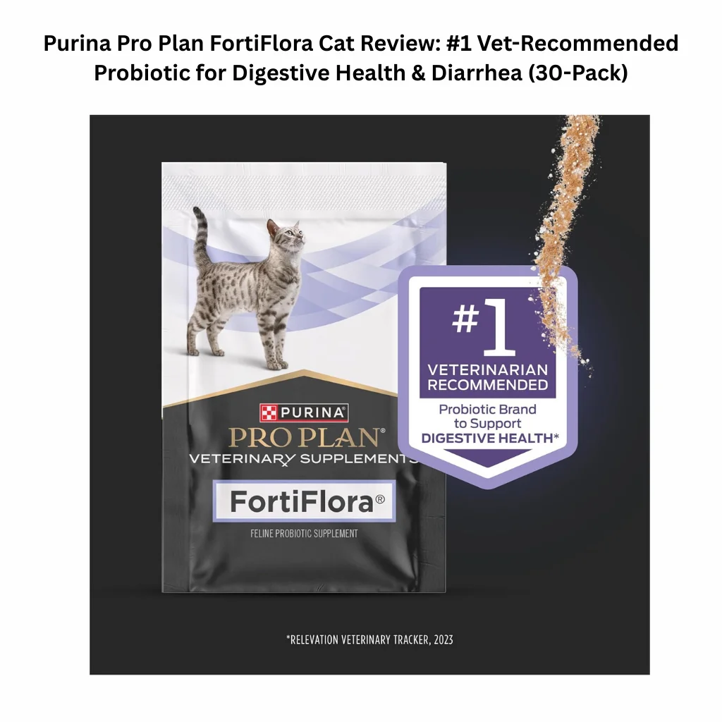 A 30-count box of Purina Pro Plan Veterinary Supplements FortiFlora for cats, showing the individual 1g powder sachets used for managing diarrhea and promoting a healthy intestinal microbiome.