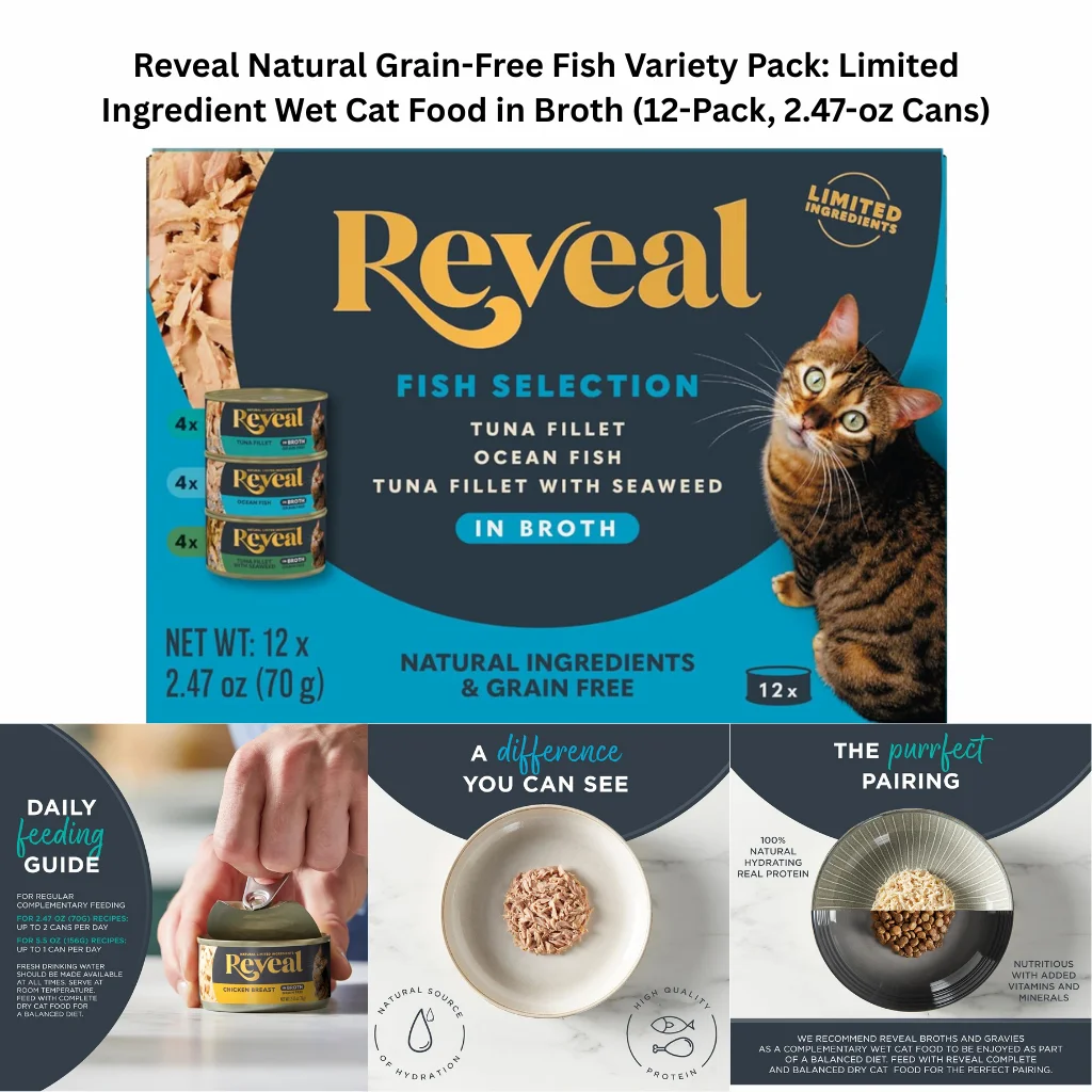 A product infographic for a 12-pack of Reveal limited-ingredient wet cat food in broth, featuring Tuna Fillet, Ocean Fish, and Tuna with Seaweed flavors.