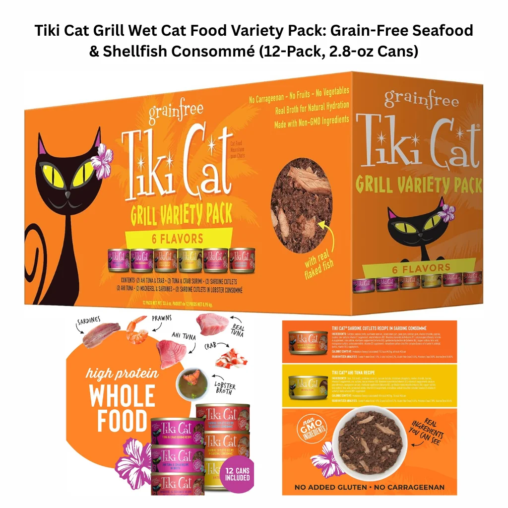 A product display for a 12-count variety pack of Tiki Cat Grill Wet Cat Food in 2.8-oz cans, showing various grain-free seafood and shellfish consommé flavors like Ahi Tuna, Sardine, and Mackerel in a light blue and white branded box.