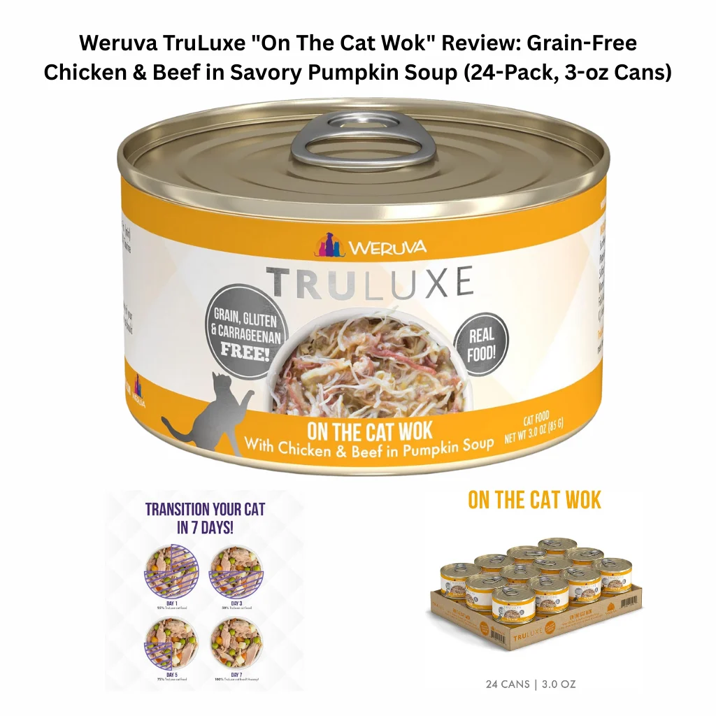 A product infographic for a 24-pack of Weruva TruLuxe "On The Cat Wok" wet cat food, featuring a grain, gluten, and carrageenan-free recipe of shredded chicken and beef in pumpkin soup.
