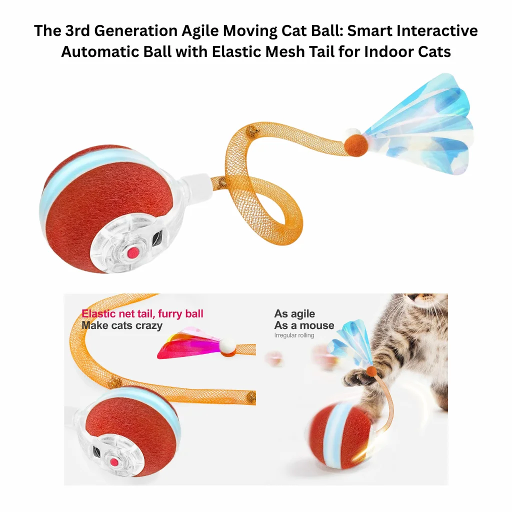 A product display of a smart automatic moving cat ball toy featuring a textured red core with a glowing LED strip and a long, orange elastic mesh tail with a colorful feather end.