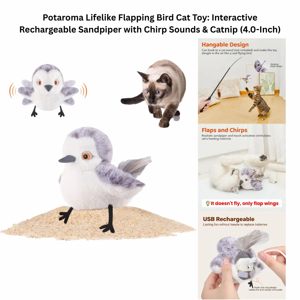A product infographic for a touch-activated, USB-rechargeable flapping sandpiper cat toy that chirps and tweets to stimulate hunting instincts, including a hangable design option.