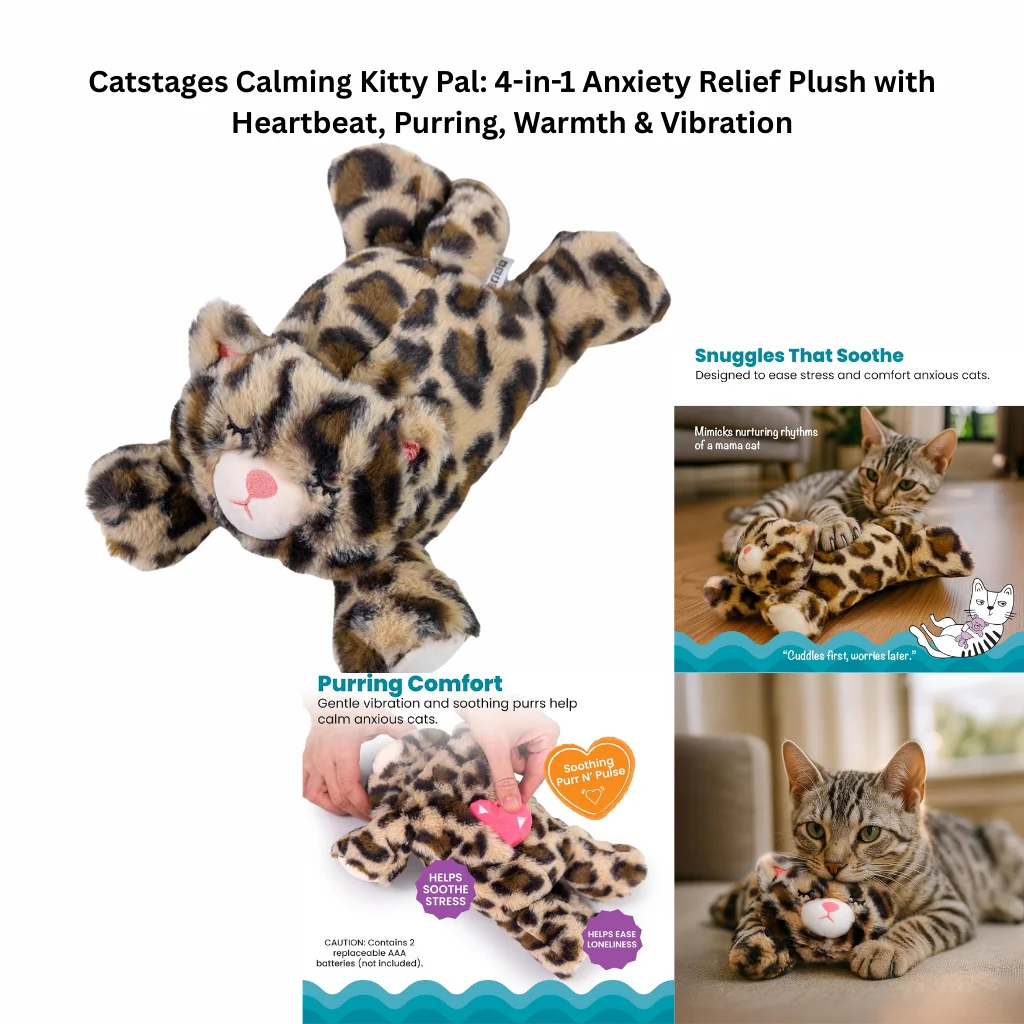 A product infographic for a leopard-print calming plush toy featuring a removable heartbeat and purring mechanism, designed to ease stress and loneliness in anxious cats.