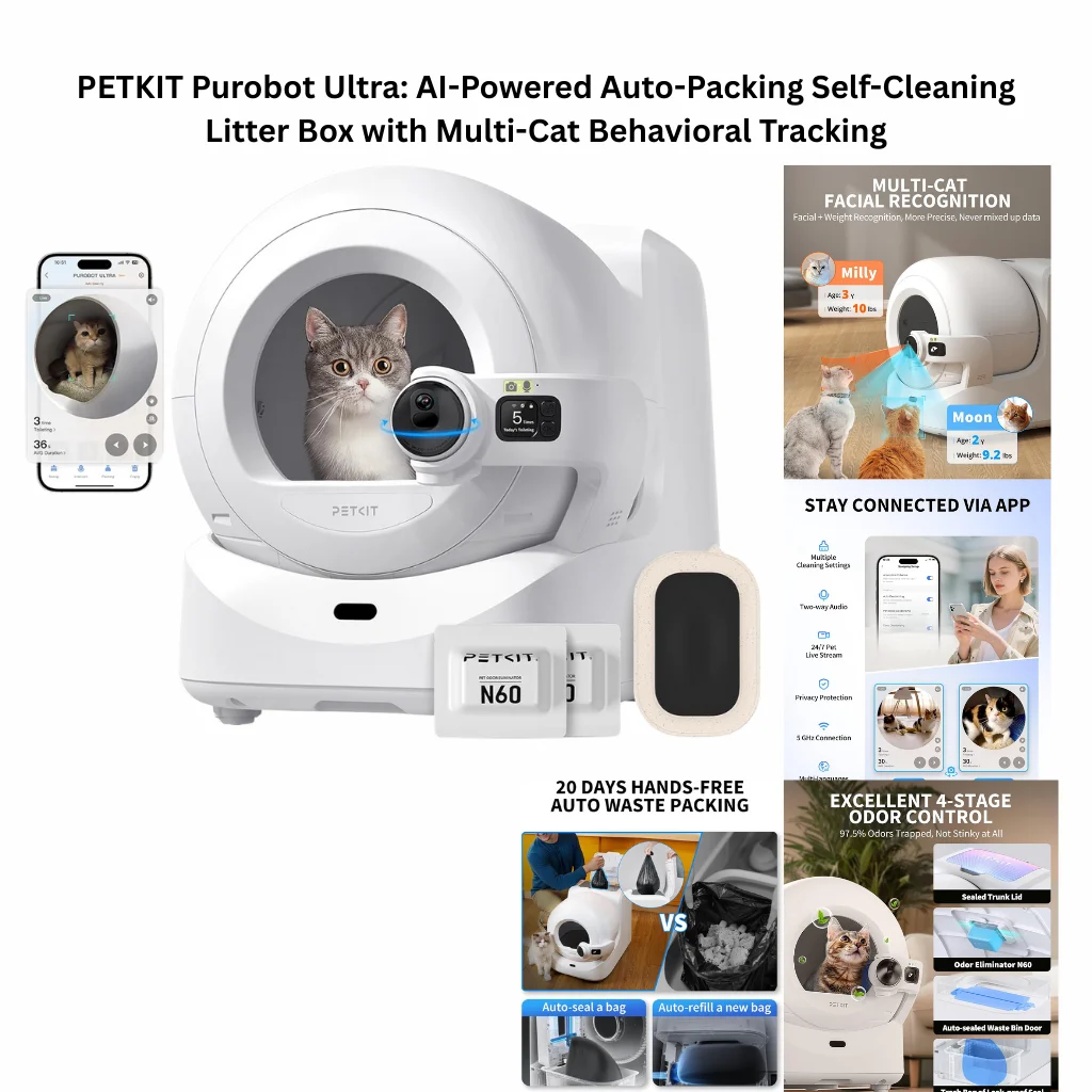 A comprehensive infographic for a smart self-cleaning litter box featuring multi-cat AI facial recognition, a 20-day hands-free auto-waste packing system, and app-connected behavioral tracking.