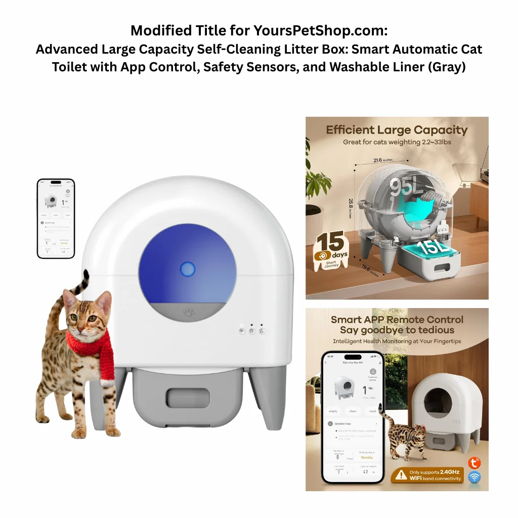 A product infographic for a gray automatic litter box featuring a 95L interior, 15L waste bin, and intelligent health monitoring via a 2.4GHz WiFi-connected app.