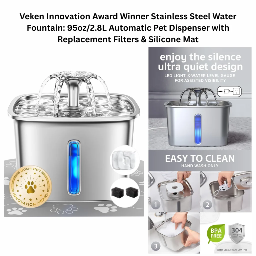 A product infographic for a silver, 95oz/2.8L automatic pet fountain featuring an ultra-quiet design, LED light with water level gauge, and a non-slip silicone mat.