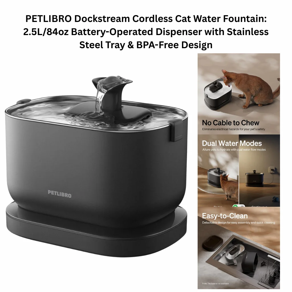 A product infographic for a 2.5L/84oz battery-operated pet fountain featuring a stainless steel tray, dual water modes, and a cordless design to eliminate electrical hazards.