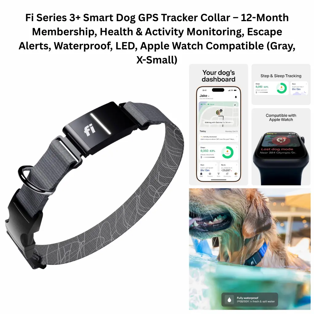 Fi Series 3+ Smart Dog GPS Tracker Collar in Gray showing the LED tracking module, smartphone app dashboard for health monitoring, Apple Watch compatibility, and a dog swimming to demonstrate its IP68 waterproof rating.