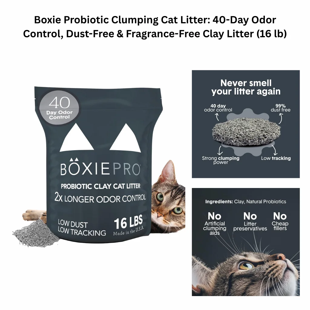 A product infographic for a 16 lb bag of probiotic clay litter highlighting 40-day odor control, a 99% dust-free formula, and a fragrance-free composition with no fillers.