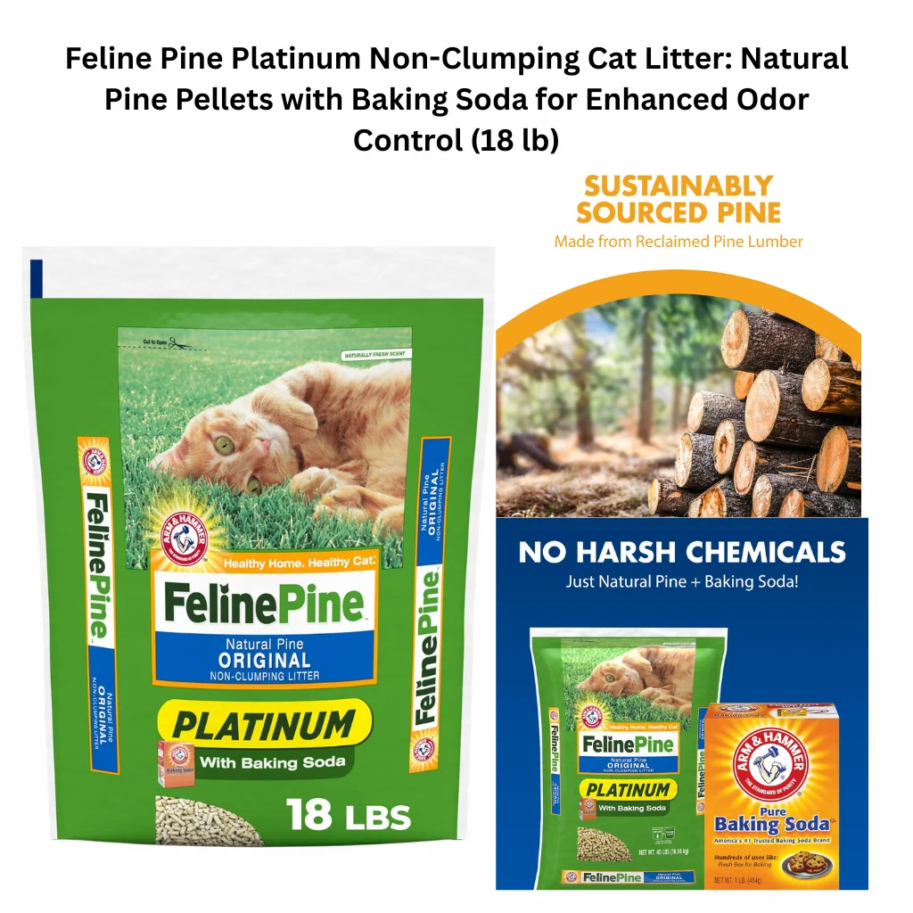 A product infographic for an 18 lb bag of natural pine pellet litter featuring added baking soda for enhanced odor control and a formula free of harsh chemicals.