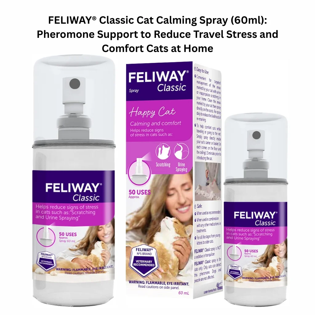 A product infographic for a 60ml pheromone spray designed to reduce signs of stress such as scratching and urine spraying, providing comfort for cats at home and during travel.