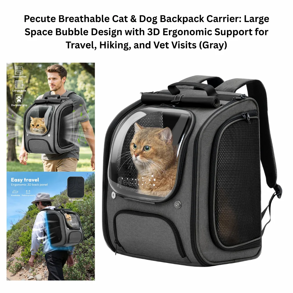A product infographic for a gray pet carrier featuring a large transparent bubble window, 3D ergonomic back panel support, and ventilation for travel, hiking, and vet visits.