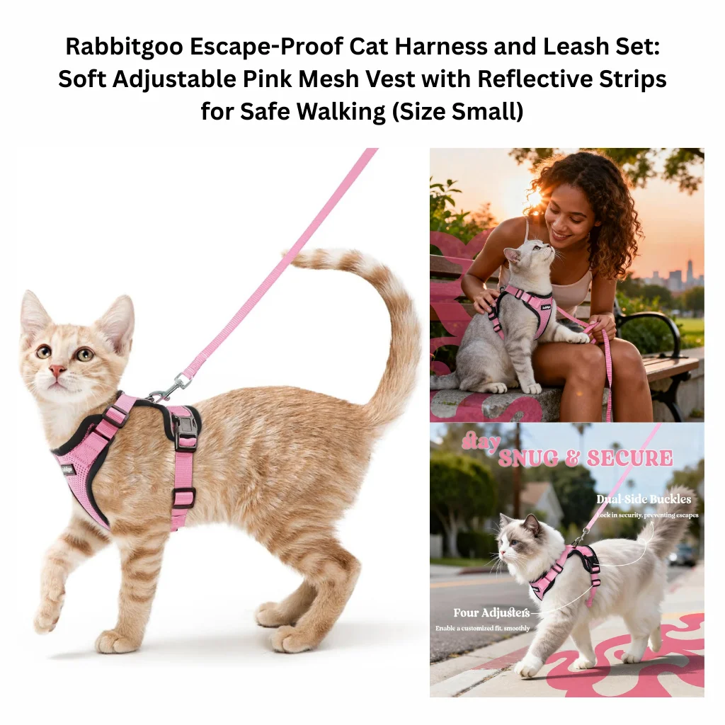 A product infographic for a small pink mesh vest featuring four adjustable buckles, dual-side buckles for security, and reflective safety strips for walking.