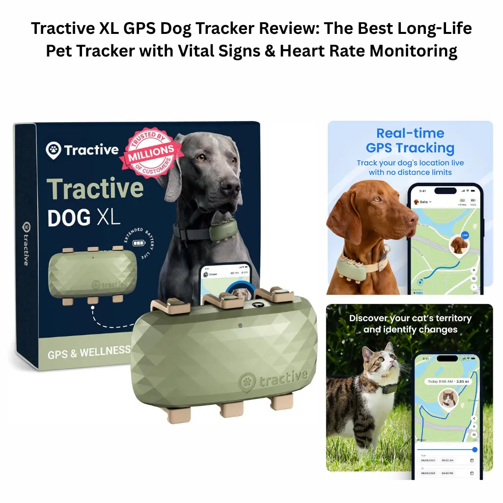 Tractive XL GPS and Wellness dog tracker in green, showing the retail packaging, a Weimaraner wearing the collar device, and the smartphone app interface demonstrating real-time live location tracking and territory monitoring.