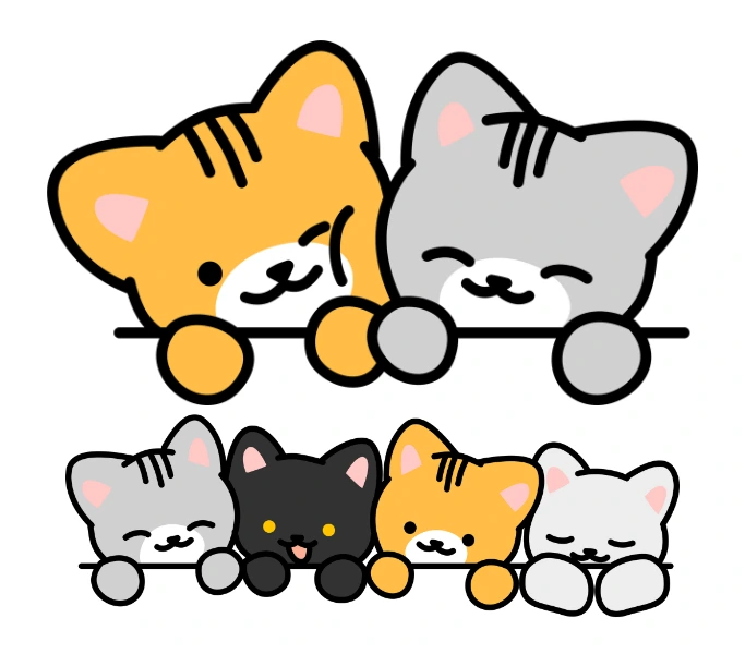 Cute cartoon illustration of ginger, grey, black, and white kittens peeking over a border, perfect for cat lovers at Yours Pet Shop.