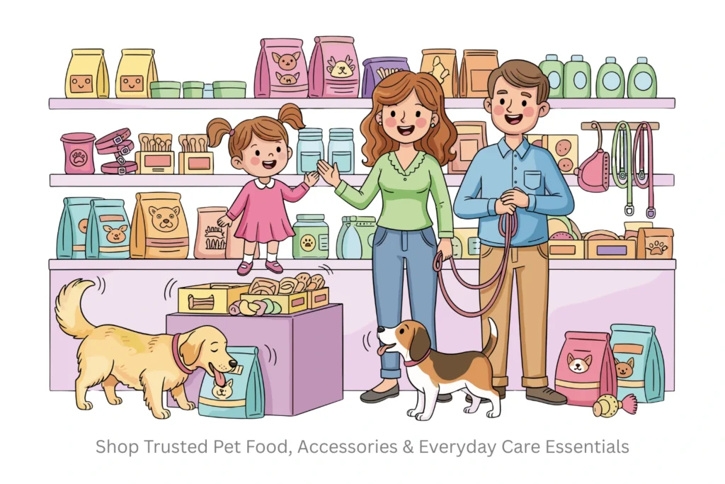 Cartoon illustration of a family shopping at a pet store with their two dogs, surrounded by shelves of pet food, collars, leashes, and care essentials. Text reads: Shop Trusted Pet Food, Accessories & Everyday Care Essentials.
