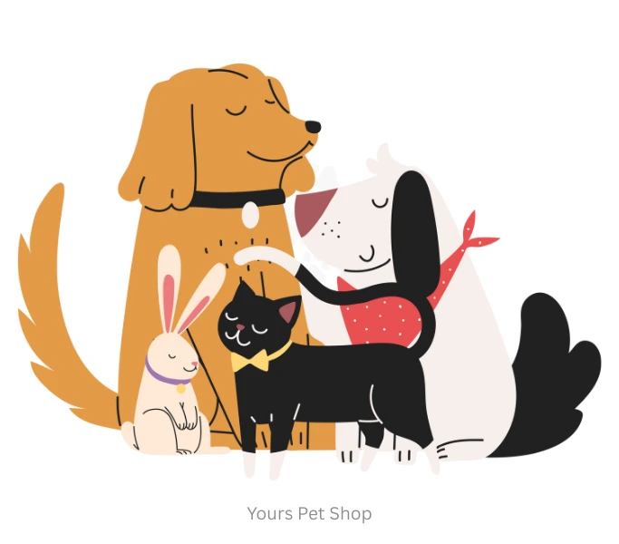 An illustration of a Golden Retriever, a dog with a red bandana, a black cat with a bow tie, and a small rabbit sitting together at Yours Pet Shop.