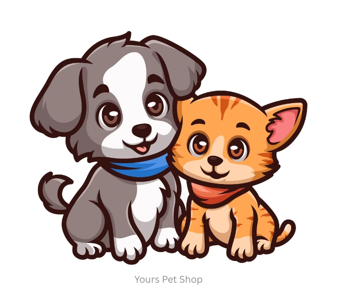 Cute cartoon puppy with a blue scarf and an orange tabby kitten with a red scarf sitting together, featured by Yours Pet Shop.