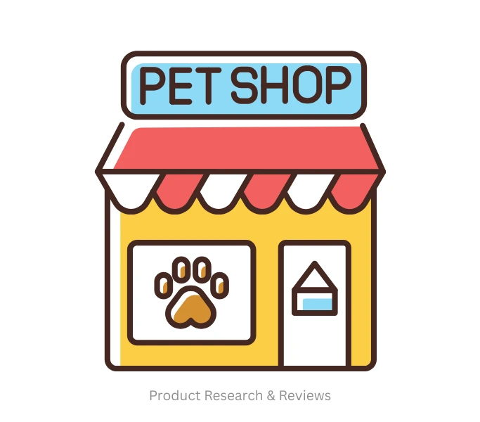 A colorful pet shop storefront illustration with a red awning and a paw print window display, representing the trusted Product Research & Reviews section at Yours Pet Shop.