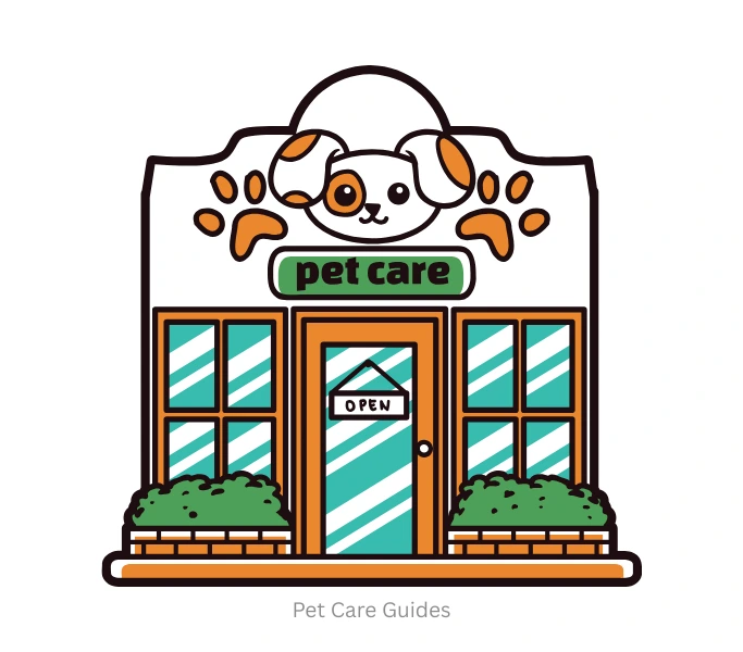 A charming illustration of a pet care shop storefront with a dog face logo and an 'Open' sign, representing the comprehensive Pet Care Guides available at Yours Pet Shop.