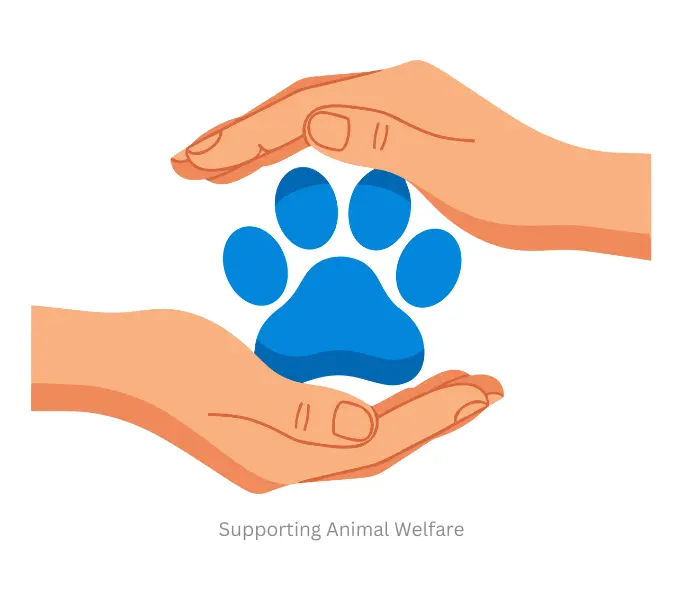 An illustration of two hands gently cradling a blue paw print, representing the Supporting Animal Welfare initiative at Yours Pet Shop.