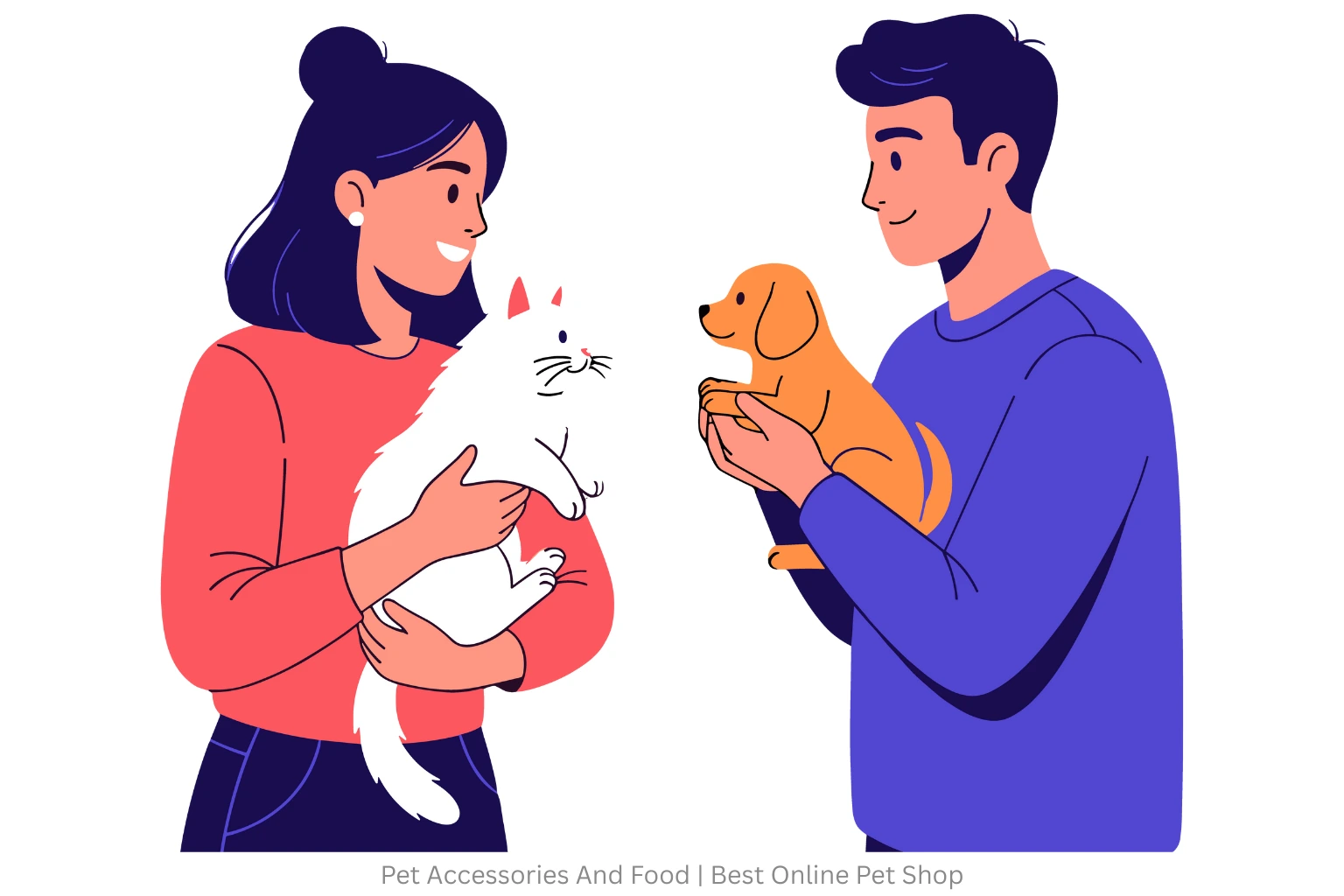 Flat vector illustration of a smiling woman holding a white cat and a man holding a small golden puppy, featured under the 'Yours Pet Shop' logo.