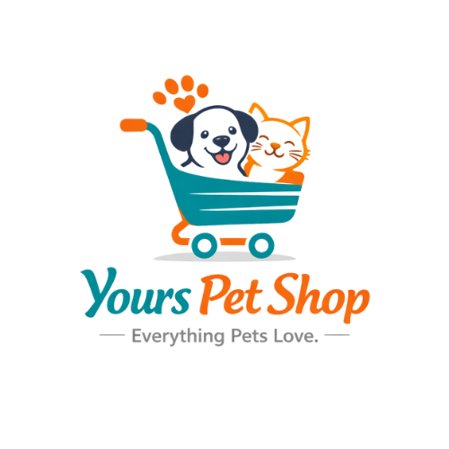 Yours Pet Shop logo featuring a dog and cat in a shopping cart, representing pet accessories and pet food affiliate store.