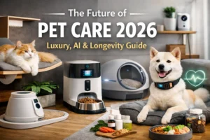 Future of pet care 2026 featuring luxury pet accessories, AI-powered smart devices, human-grade pet wellness, and modern living for dogs and cats