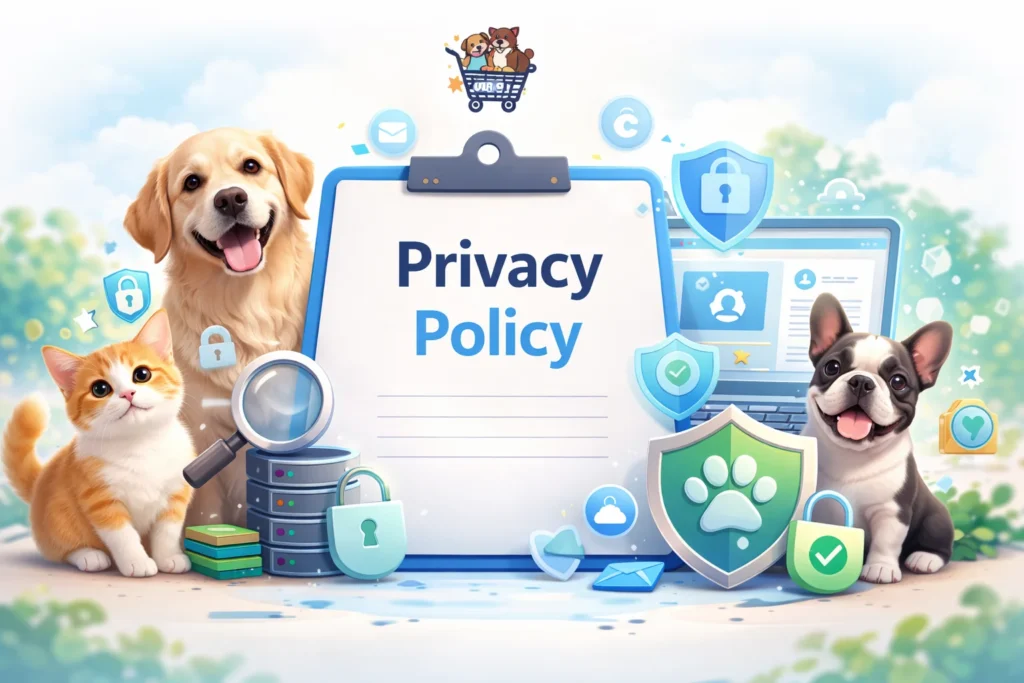 Privacy policy banner for Yours Pet Shop highlighting user data protection, transparency, and website privacy practices