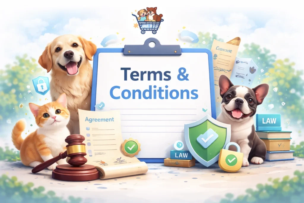 Terms and conditions banner for Yours Pet Shop explaining website usage rules, user responsibilities, and affiliate terms