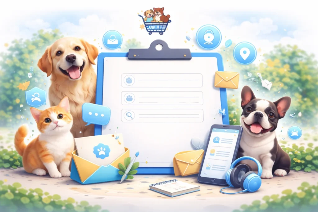 Contact Us web banner for Yours Pet Shop showing friendly pet care visuals with support icons, clean layout, and a welcoming design for customer inquiries and assistance.