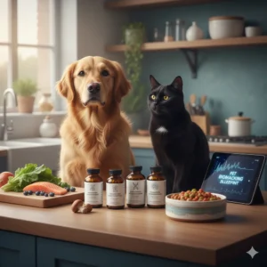 Golden retriever and black cat in a modern kitchen with human-grade holistic pet supplements, fresh salmon, and a digital tablet showing a pet biohacking health blueprint.