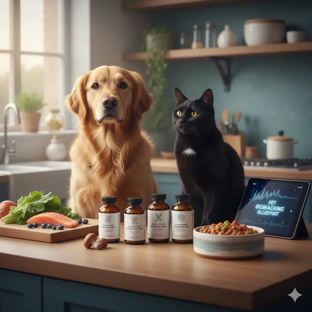 Golden retriever and black cat in a modern kitchen with human-grade holistic pet supplements, fresh salmon, and a digital tablet showing a pet biohacking health blueprint.