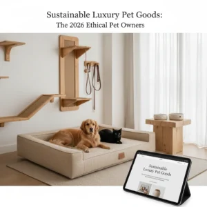 Golden Retriever and black cat resting on a sustainable luxury pet bed in a minimalist room with wall-mounted designer cat furniture and a tablet displaying the Sustainable Luxury Pet Goods blog.