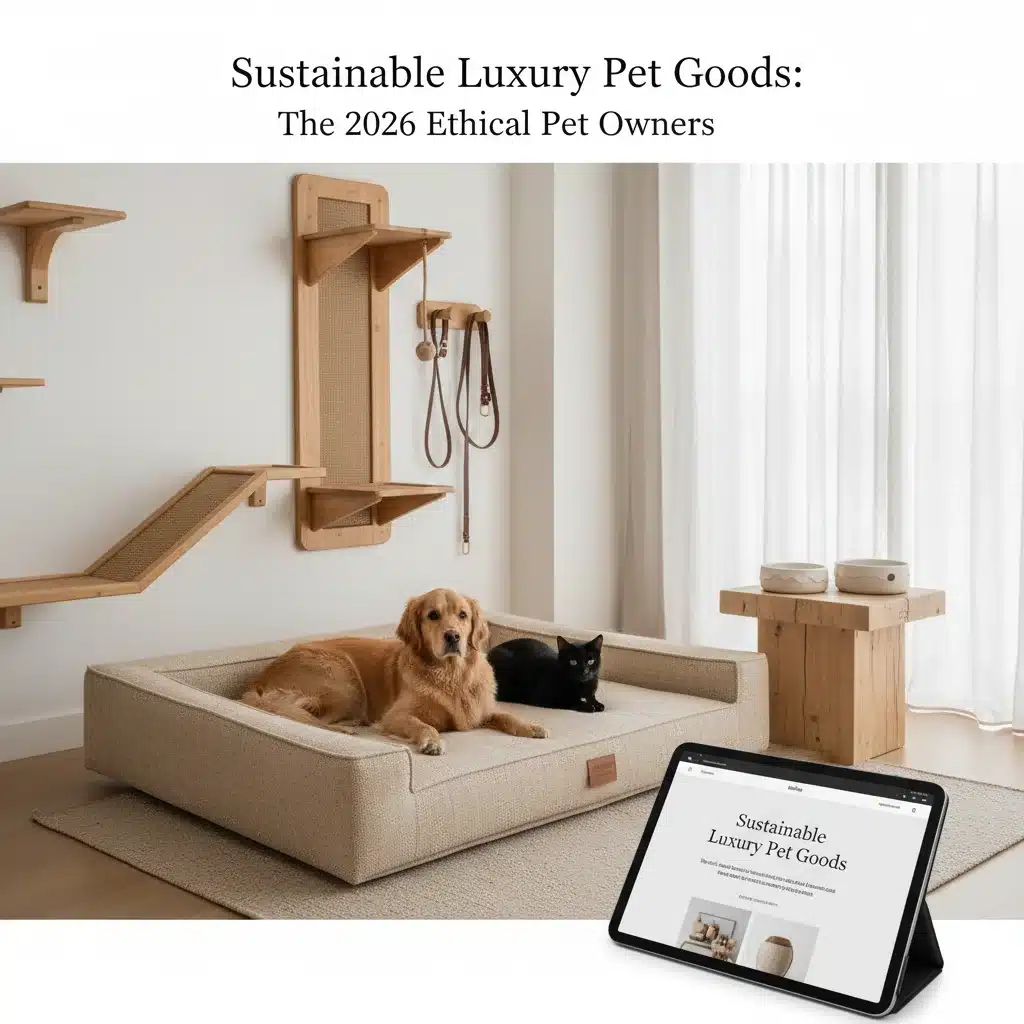 Golden Retriever and black cat resting on a sustainable luxury pet bed in a minimalist room with wall-mounted designer cat furniture and a tablet displaying the Sustainable Luxury Pet Goods blog.