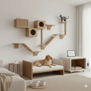 Modern minimalist living room featuring designer pet furniture for modern interiors, including wall-mounted cat climbing shelves, a sleek wooden dog bed, and a stylish indoor pet crate.