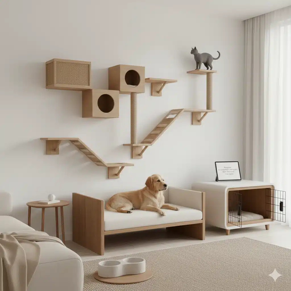 Modern minimalist living room featuring designer pet furniture for modern interiors, including wall-mounted cat climbing shelves, a sleek wooden dog bed, and a stylish indoor pet crate.